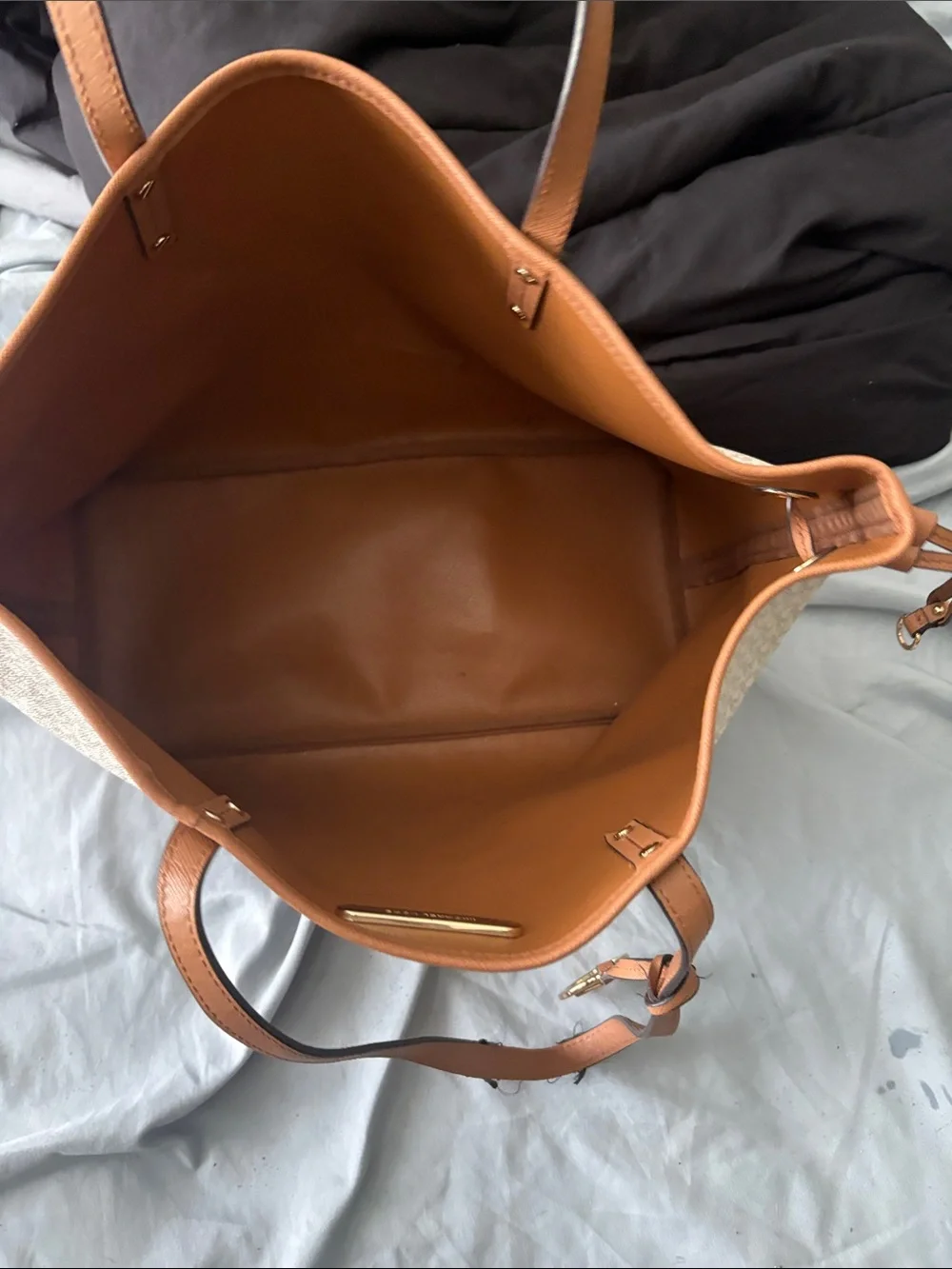 Michael Kors Cream Signature Logo Tote with Brown Leather Trim